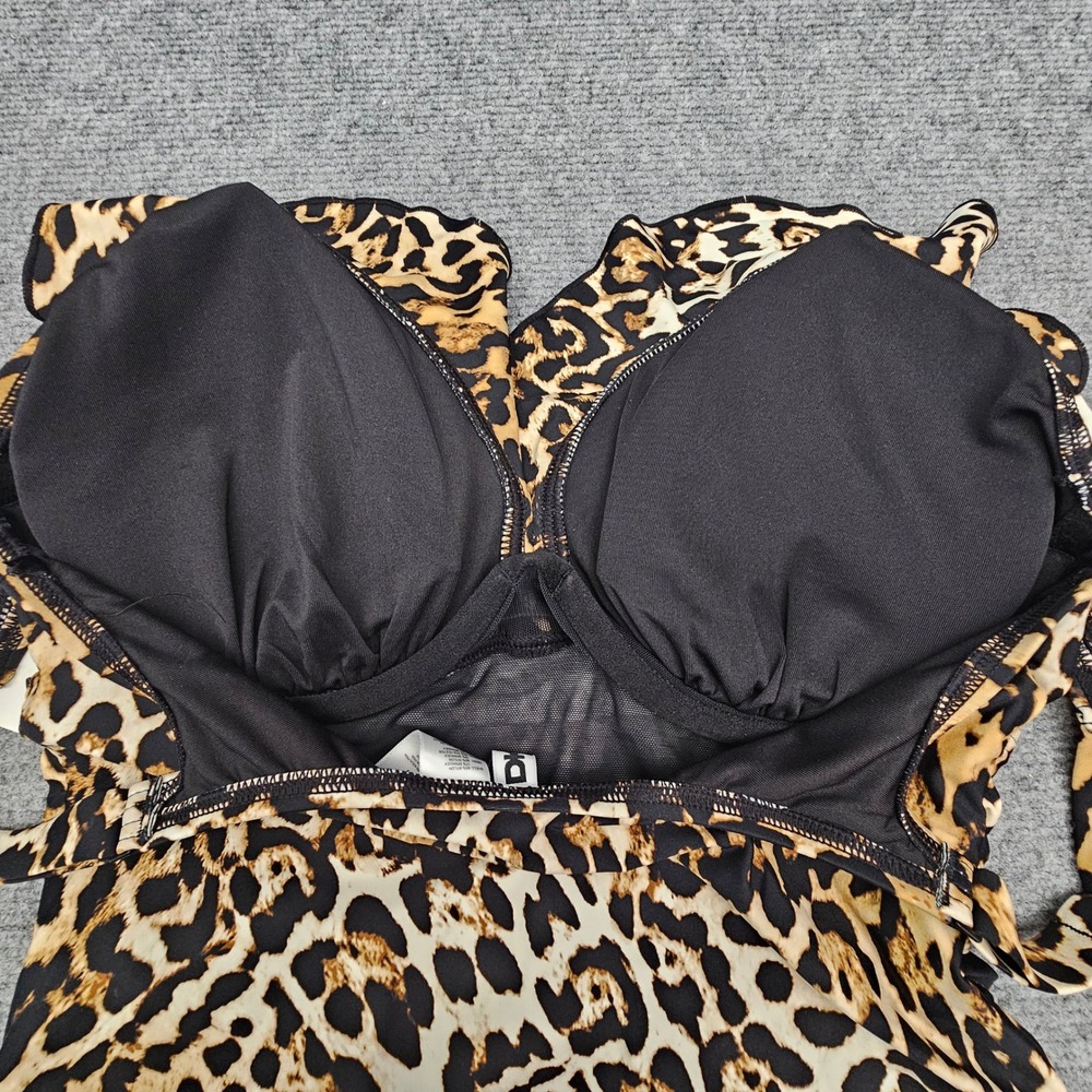 DKNY One Piece Swimsuit Women UPF 40+ M Brown Leopard Print Ruffle Tummy Control - Picture 4 of 9
